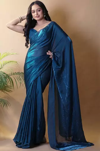 Teal satin saree