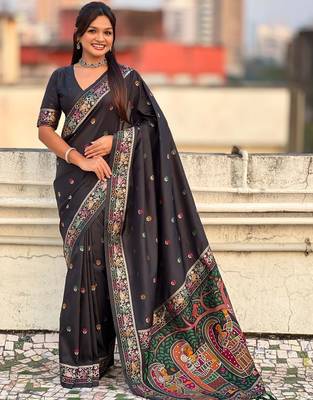 Black ethnic motifs embroidered silk blend baluchari saree 1
