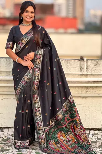 Black ethnic motifs embroidered silk blend baluchari saree