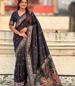 Black ethnic motifs embroidered silk blend baluchari saree