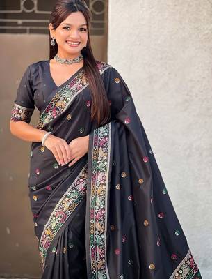 Black ethnic motifs embroidered silk blend baluchari saree 2