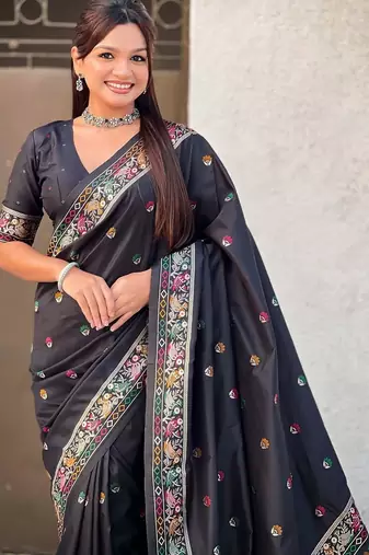 Black ethnic motifs embroidered silk blend baluchari saree