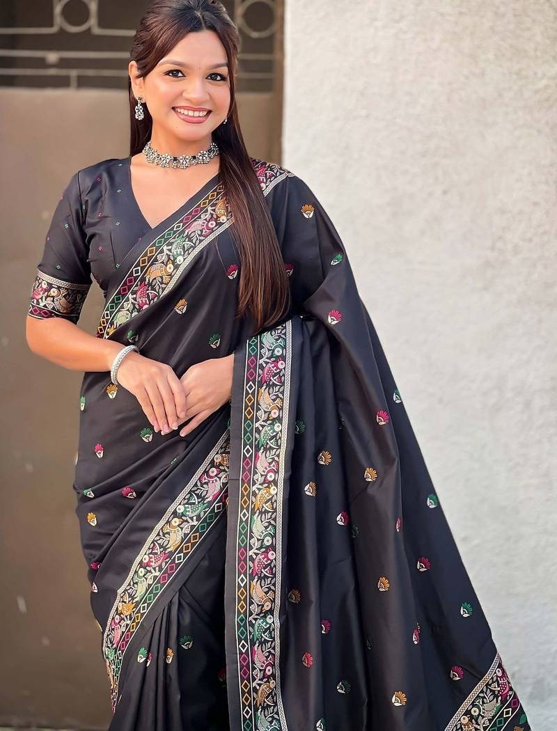 Black ethnic motifs embroidered silk blend baluchari saree