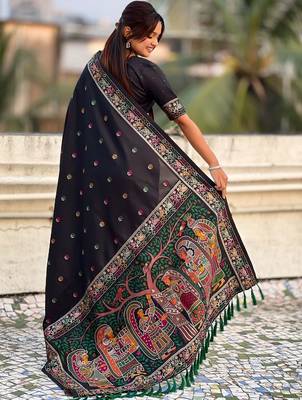 Black ethnic motifs embroidered silk blend baluchari saree 3