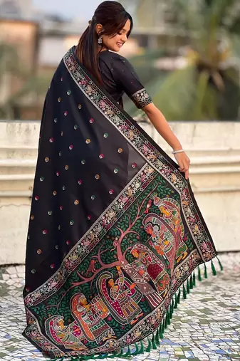 Black ethnic motifs embroidered silk blend baluchari saree