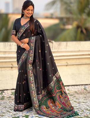 Black ethnic motifs embroidered silk blend baluchari saree 4