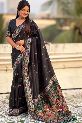 Black ethnic motifs embroidered silk blend baluchari saree