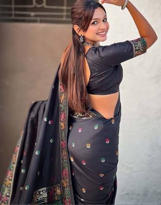 Black ethnic motifs embroidered silk blend baluchari saree 5
