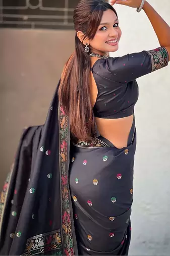 Black ethnic motifs embroidered silk blend baluchari saree