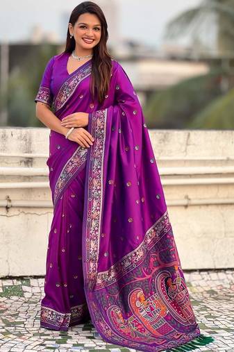 Purple woven design zari silk blend baluchari saree