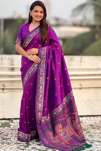 Purple woven design zari silk blend baluchari saree