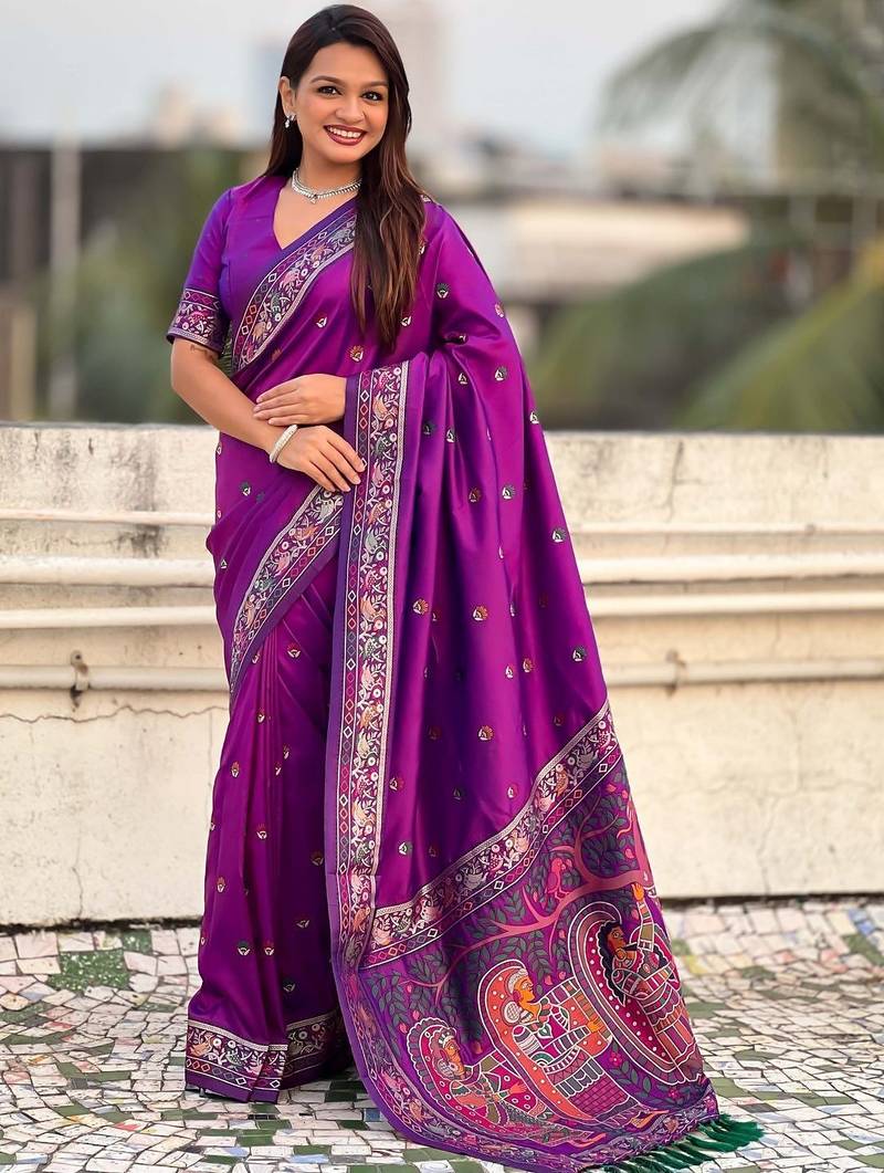 Purple woven design zari silk blend baluchari saree