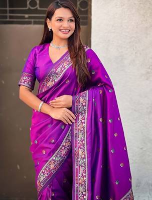 Purple woven design zari silk blend baluchari saree 2