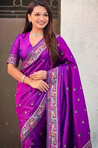 Purple woven design zari silk blend baluchari saree