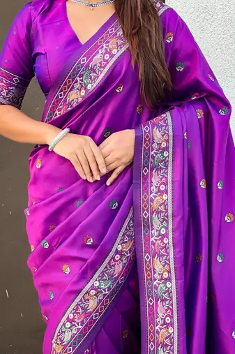 Purple woven design zari silk blend baluchari saree