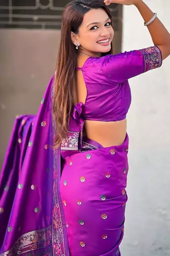 Purple woven design zari silk blend baluchari saree