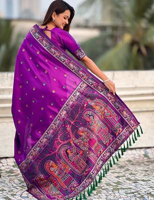 Purple woven design zari silk blend baluchari saree 5