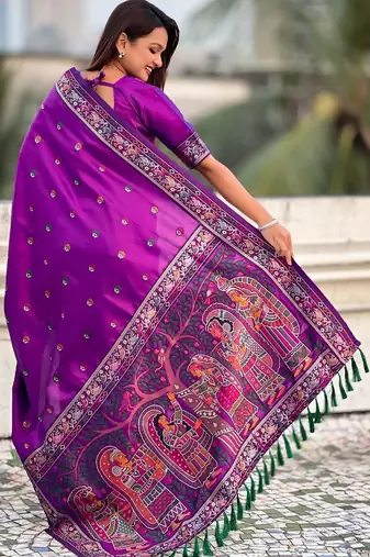 Purple woven design zari silk blend baluchari saree