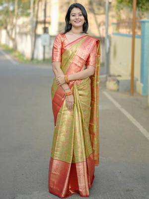 Mustard floral zari kanjeevaram saree 1