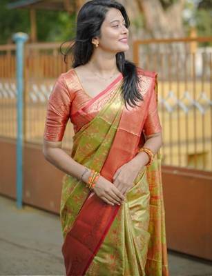 Mustard floral zari kanjeevaram saree 3