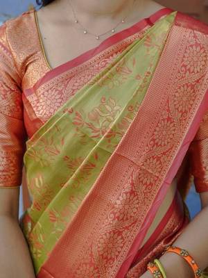 Mustard floral zari kanjeevaram saree 5