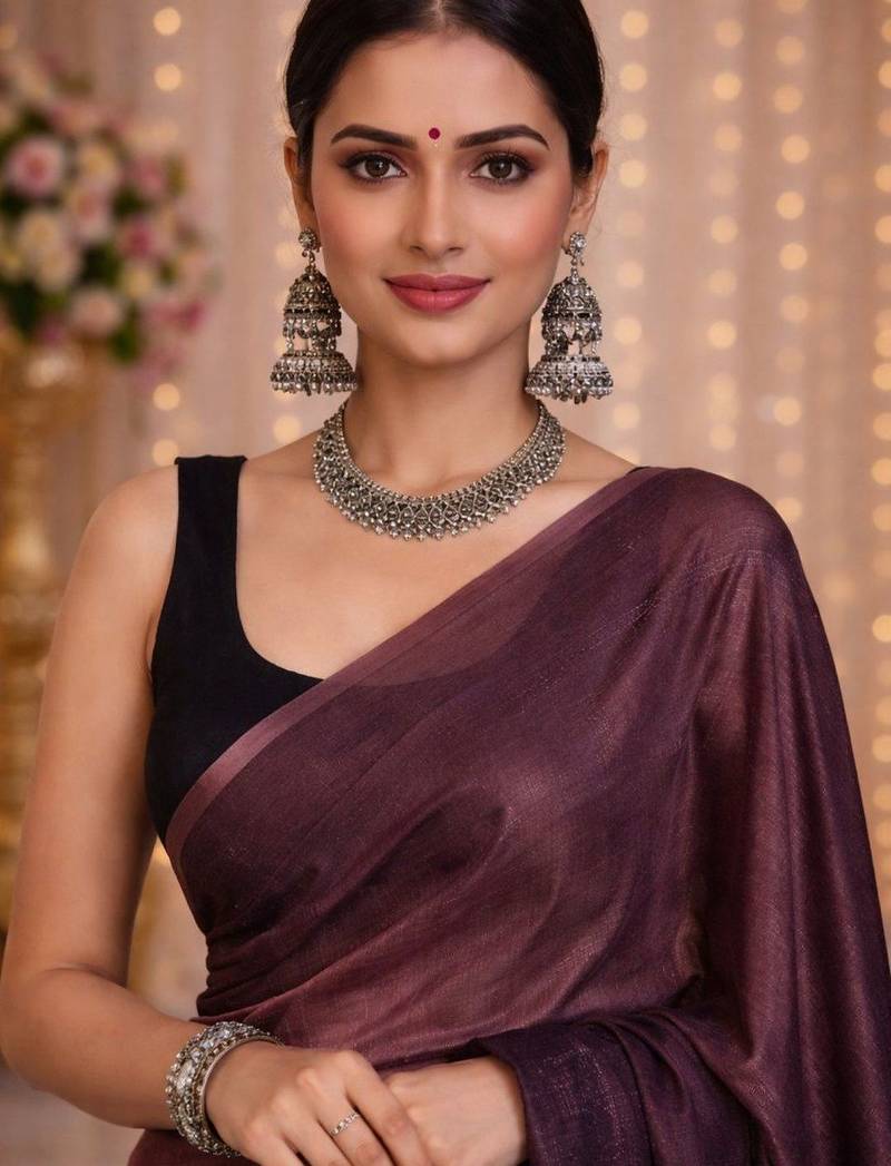 Purple satin saree