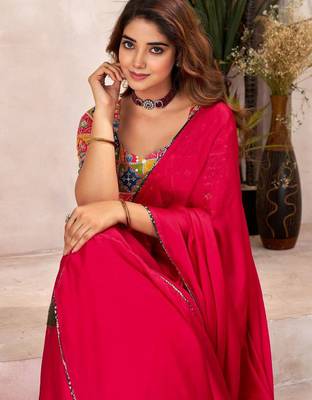 Red sequinned satin designer saree 1