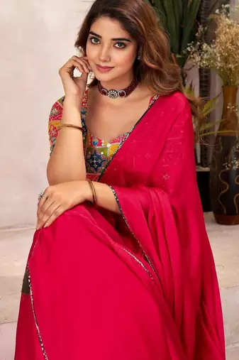 Red sequinned satin designer saree