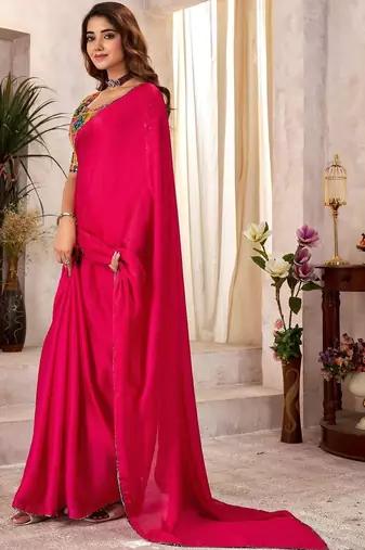Red sequinned satin designer saree