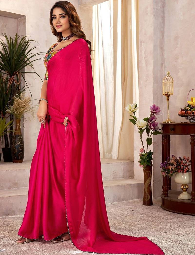 Red sequinned satin designer saree