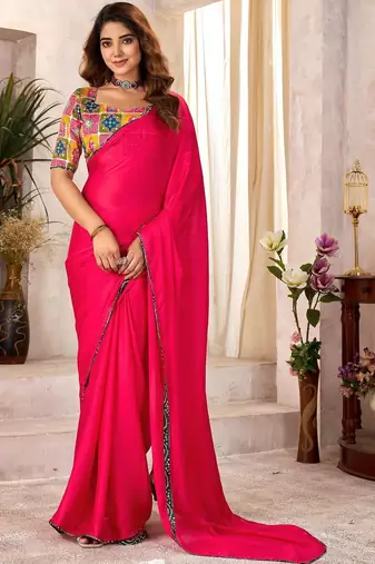 Red sequinned satin designer saree