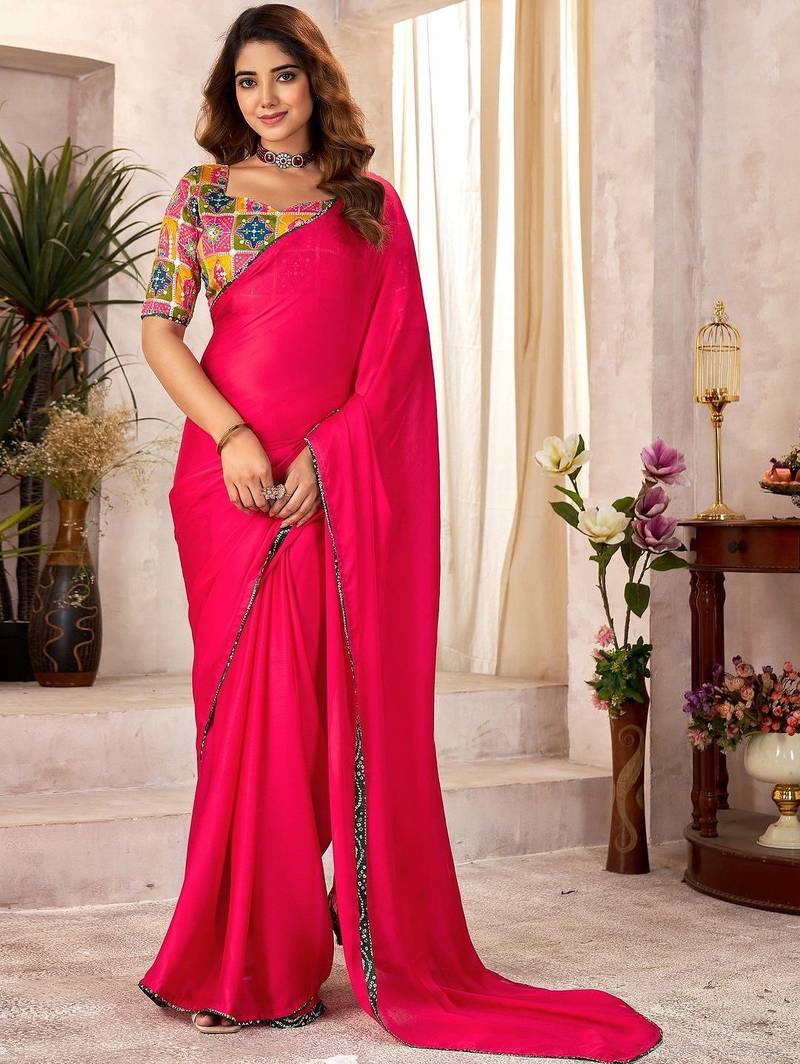 Red sequinned satin designer saree