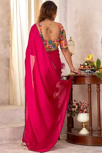 Red sequinned satin designer saree