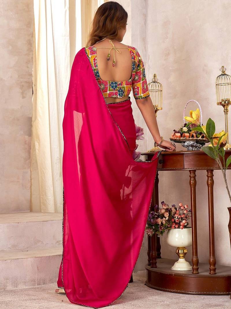 Red sequinned satin designer saree