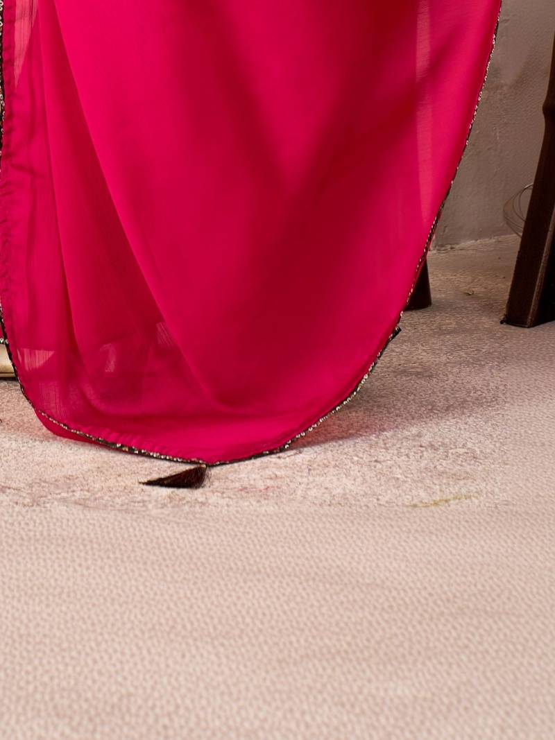 Red sequinned satin designer saree