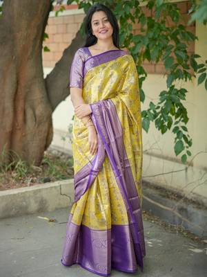 Yellow floral zari kanjeevaram saree 1