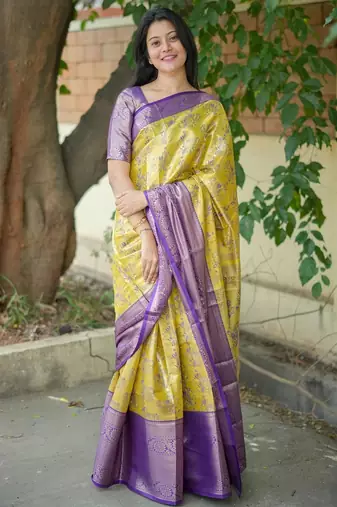 Yellow floral zari kanjeevaram saree