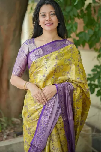 Yellow floral zari kanjeevaram saree