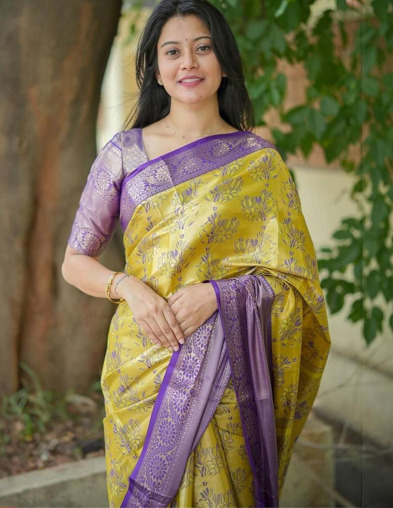 Yellow floral zari kanjeevaram saree