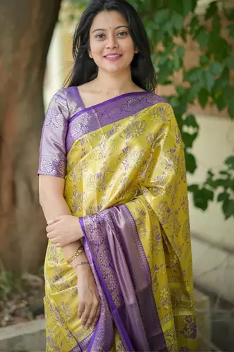 Yellow floral zari kanjeevaram saree