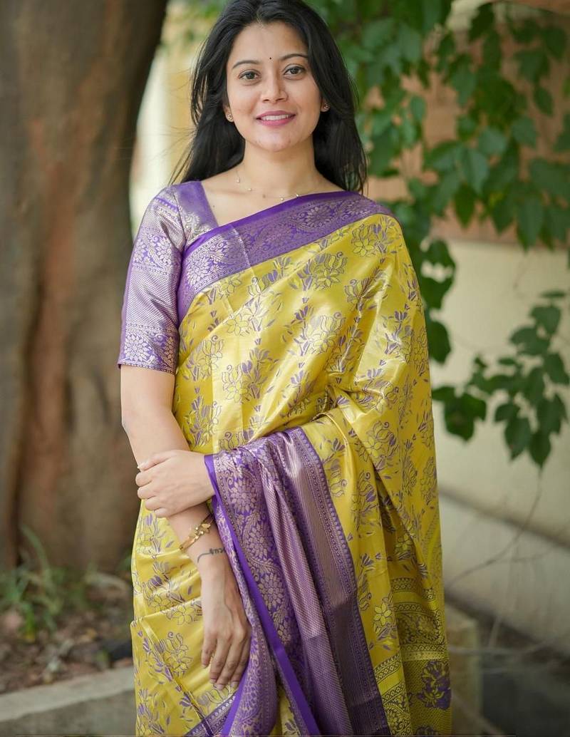 Yellow floral zari kanjeevaram saree