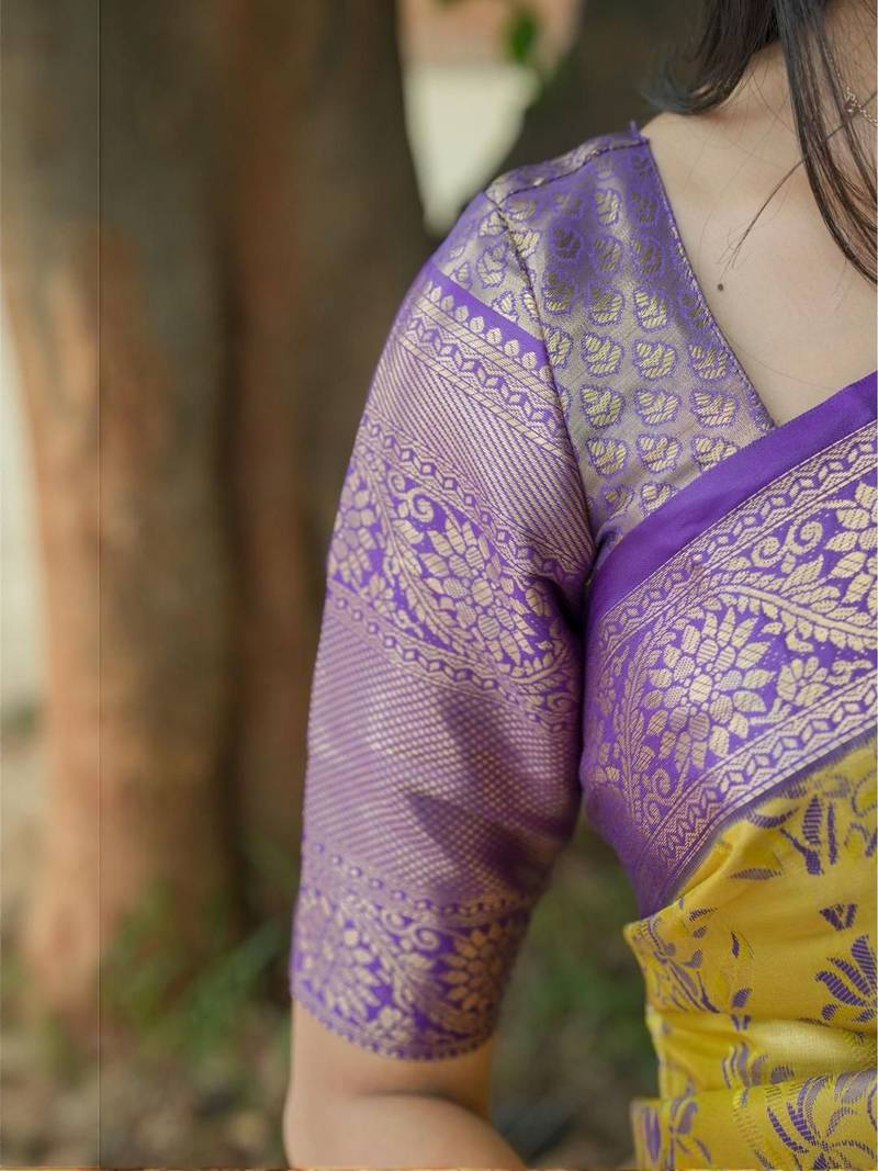Yellow floral zari kanjeevaram saree