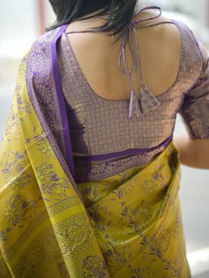 Yellow floral zari kanjeevaram saree 5