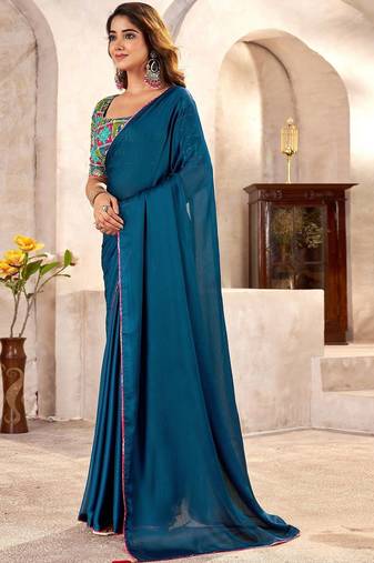 Blue kutchi embroidery satin designer saree