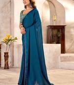 Blue kutchi embroidery satin designer saree