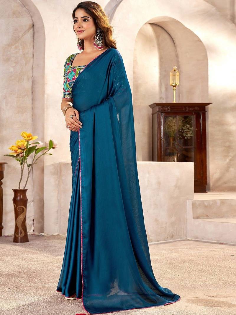 Blue kutchi embroidery satin designer saree