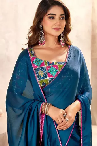 Blue kutchi embroidery satin designer saree