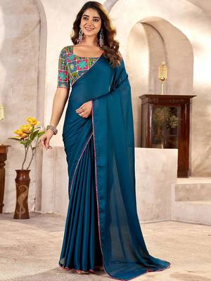 Blue kutchi embroidery satin designer saree 3
