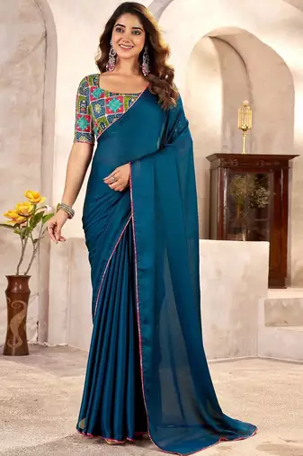 Blue kutchi embroidery satin designer saree