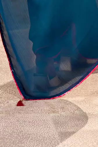 Blue kutchi embroidery satin designer saree